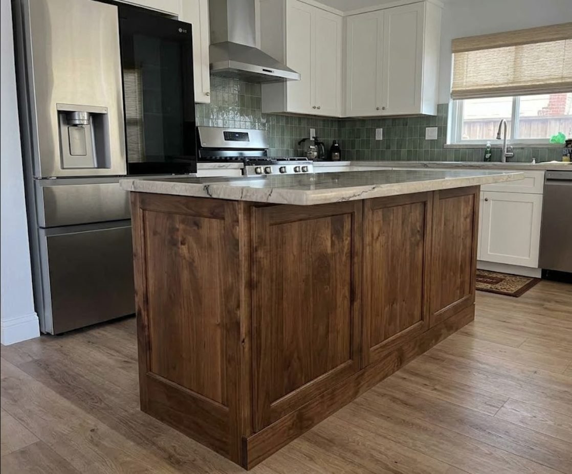 Custom kitchen cabinet build with quartzite island during construction Reno NV